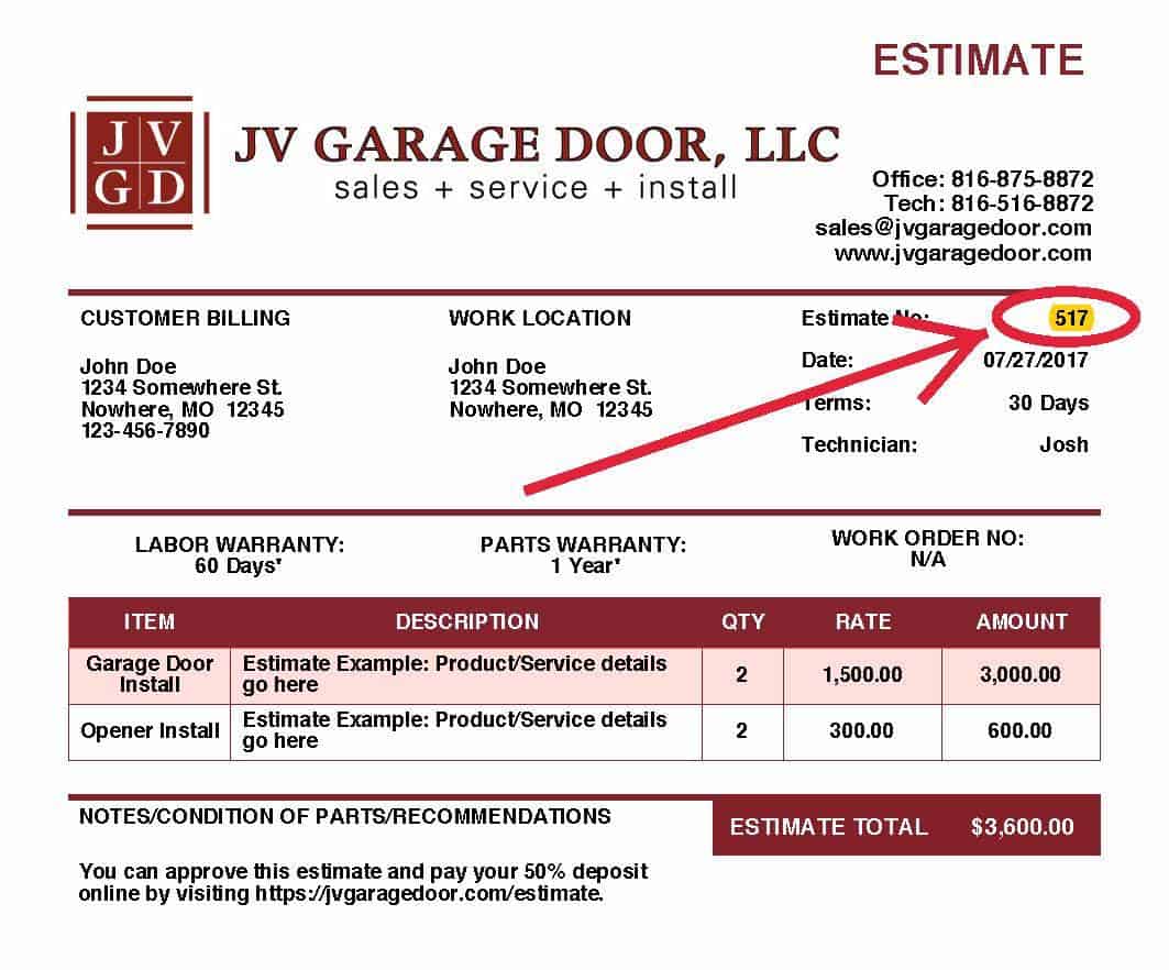 Estimate Approval and Deposit Payment JV Garage Door